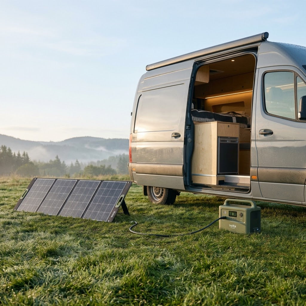 Station d'énergie portable reliée à un panneau solaire pliable devant un van aménagé au petit matin