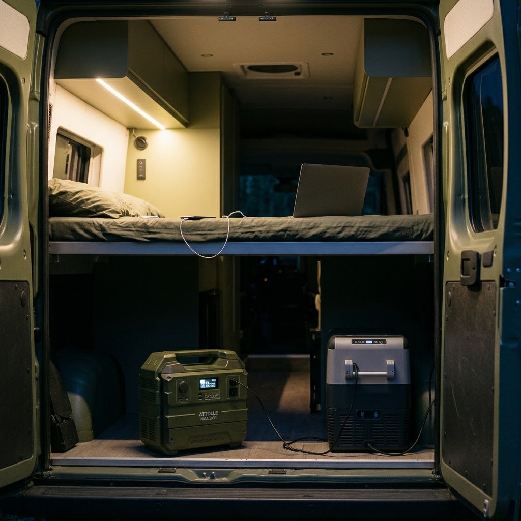 Station d'énergie portable alimentant un réfrigérateur dans un van aménagé à la nuit tombée