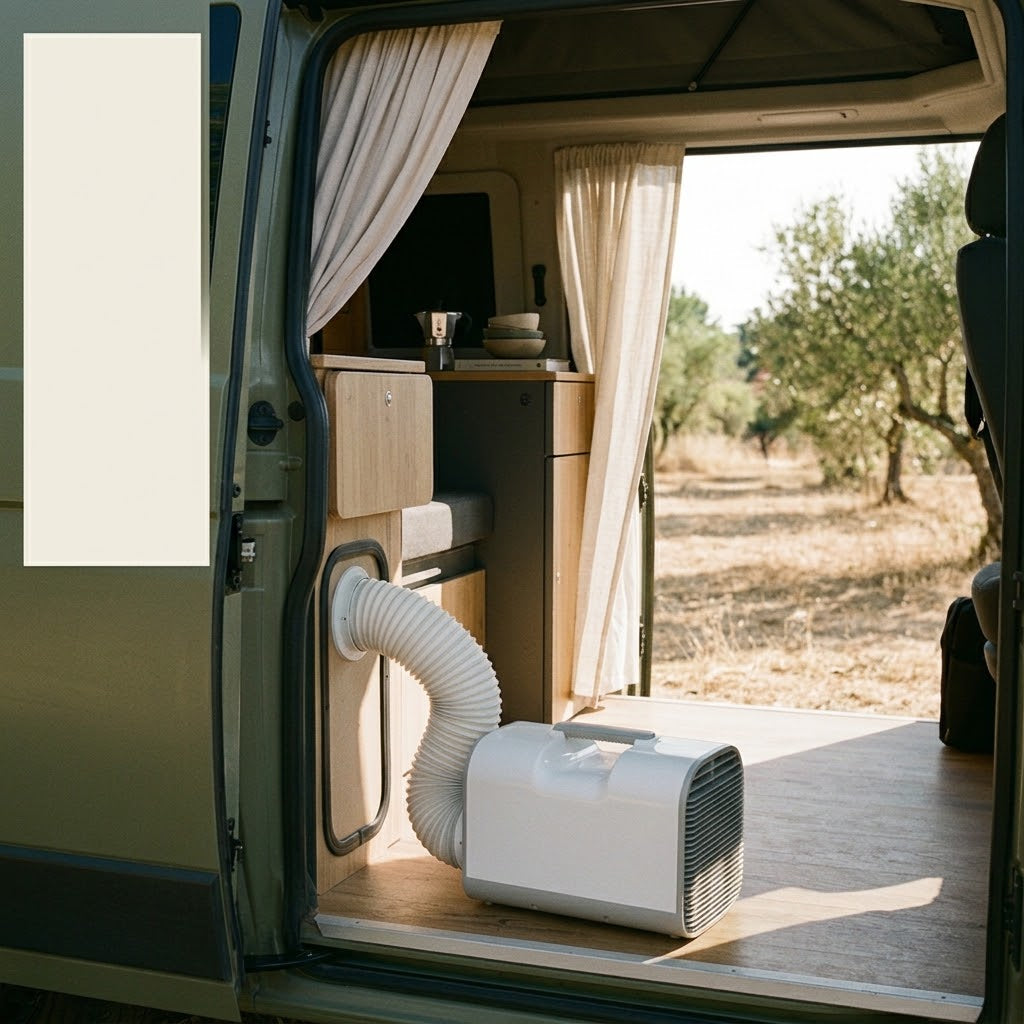 Climatiseur portable posé dans un van aménagé, gaine d'évacuation sortant par la porte latérale entrouverte