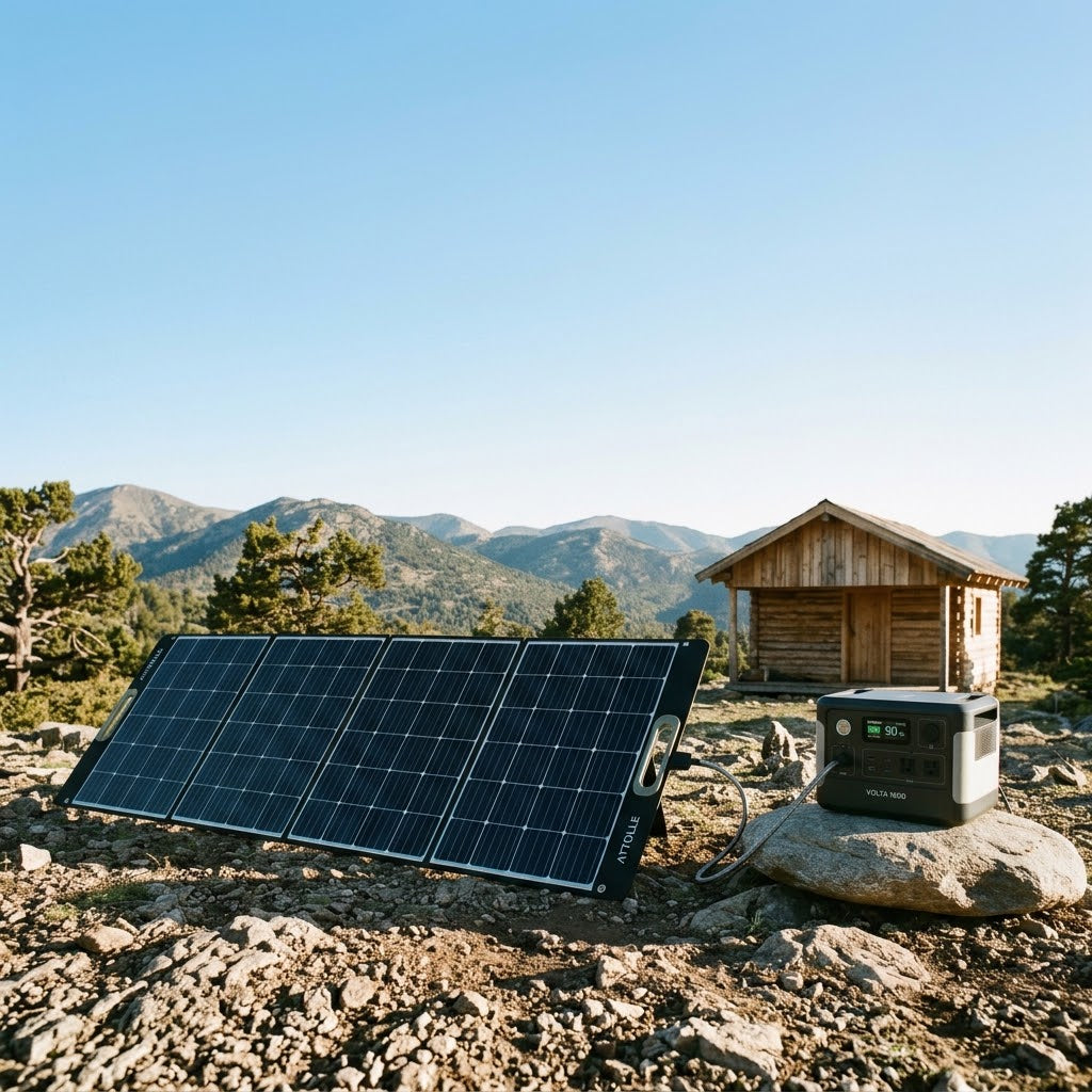 Panneau solaire pliable relié à une station d'énergie sur un site isolé, sans raccordement au réseau