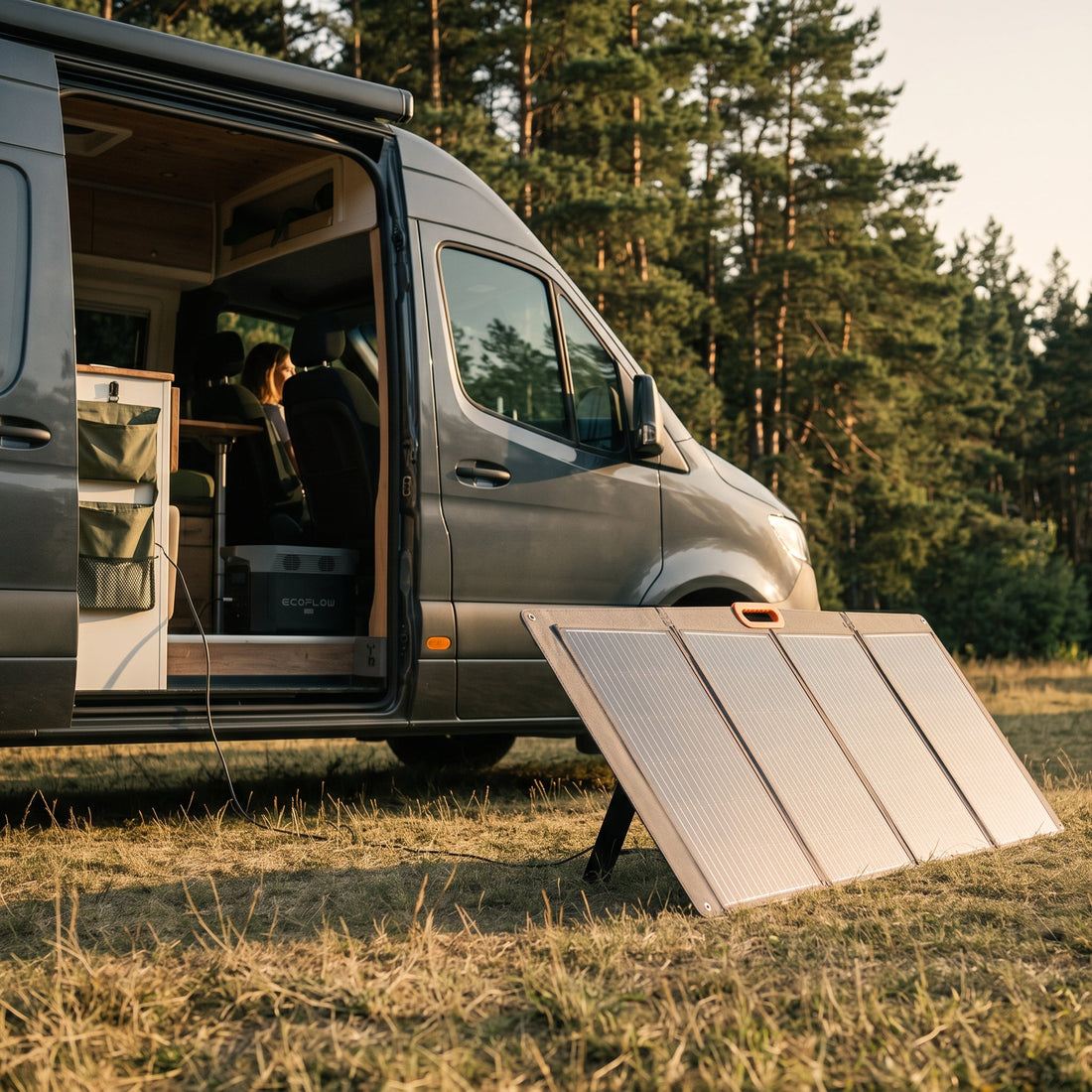 Panneau solaire pliable déplié au sol à côté d'un camping-car, orienté face au soleil de fin de journée