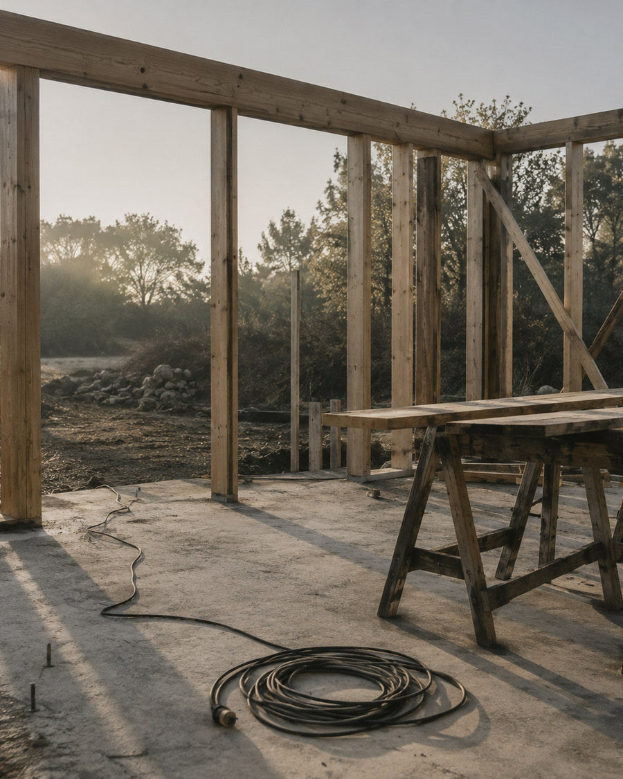Chantier au petit matin : ossature bois, tréteaux et rallonge électrique enroulée sur la dalle