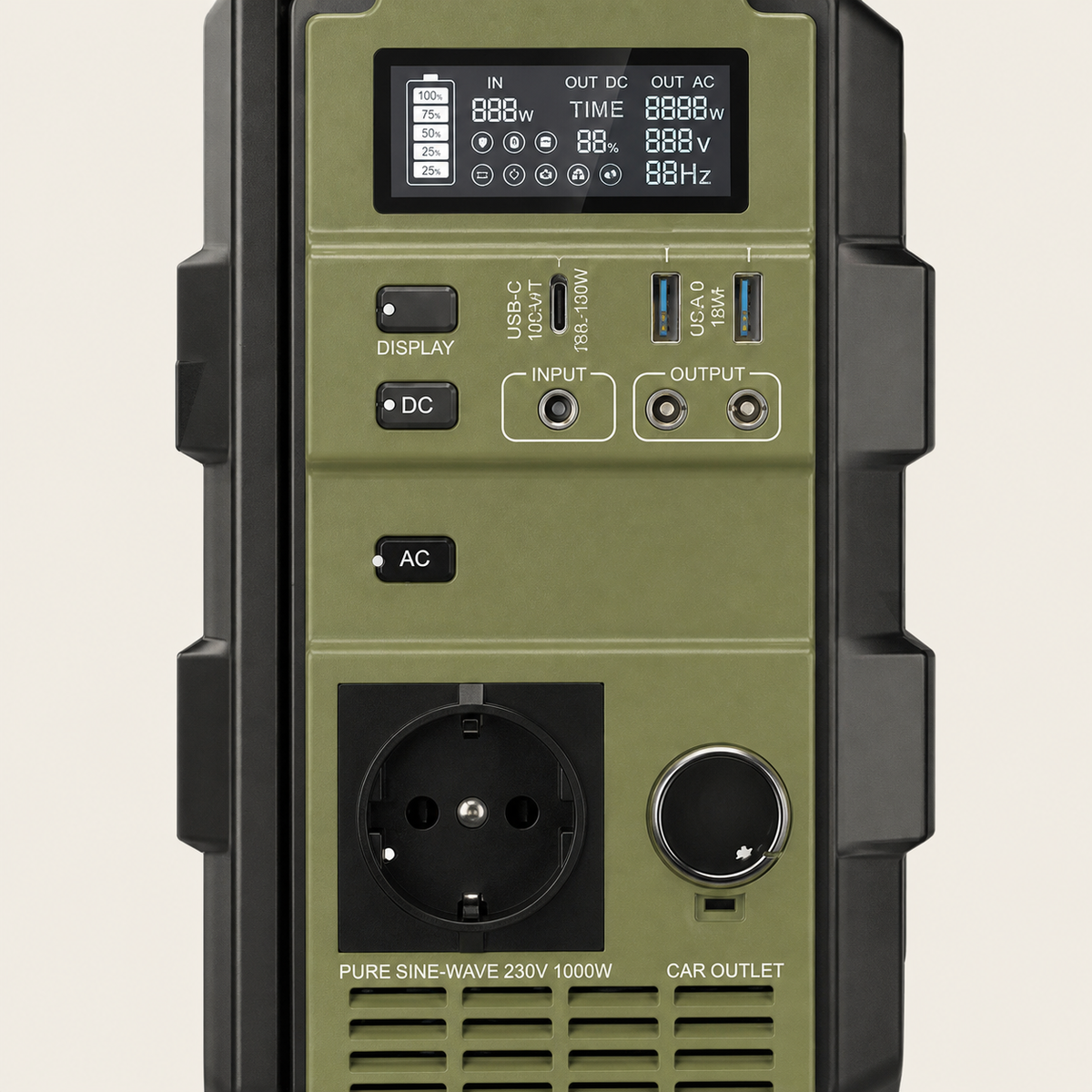 Connectique et écran du Volta 1000 olivier avec prise 230 V et ports USB