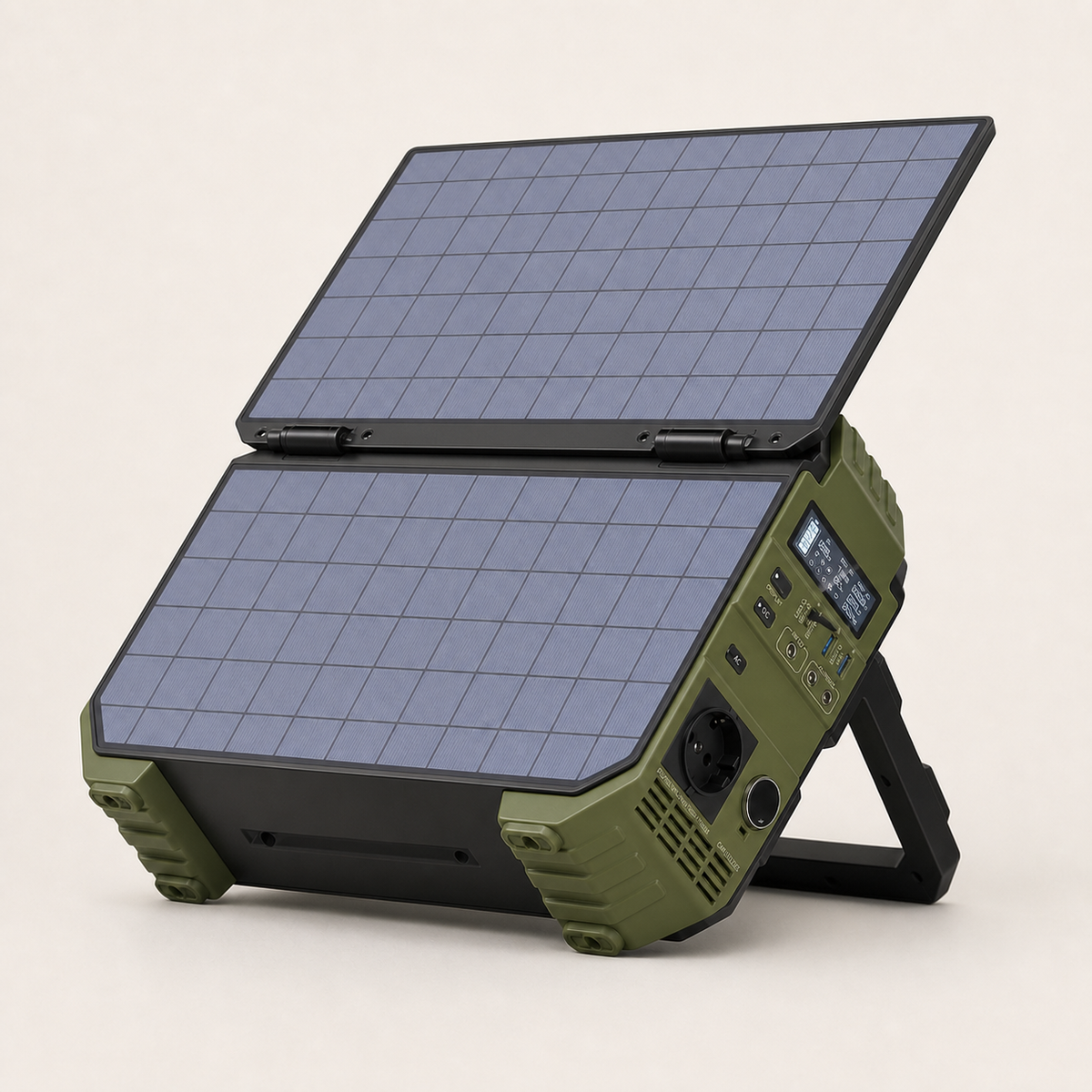 Station d'énergie Attolle Volta en finition olivier, ses deux panneaux solaires intégrés dépliés sur leurs charnières