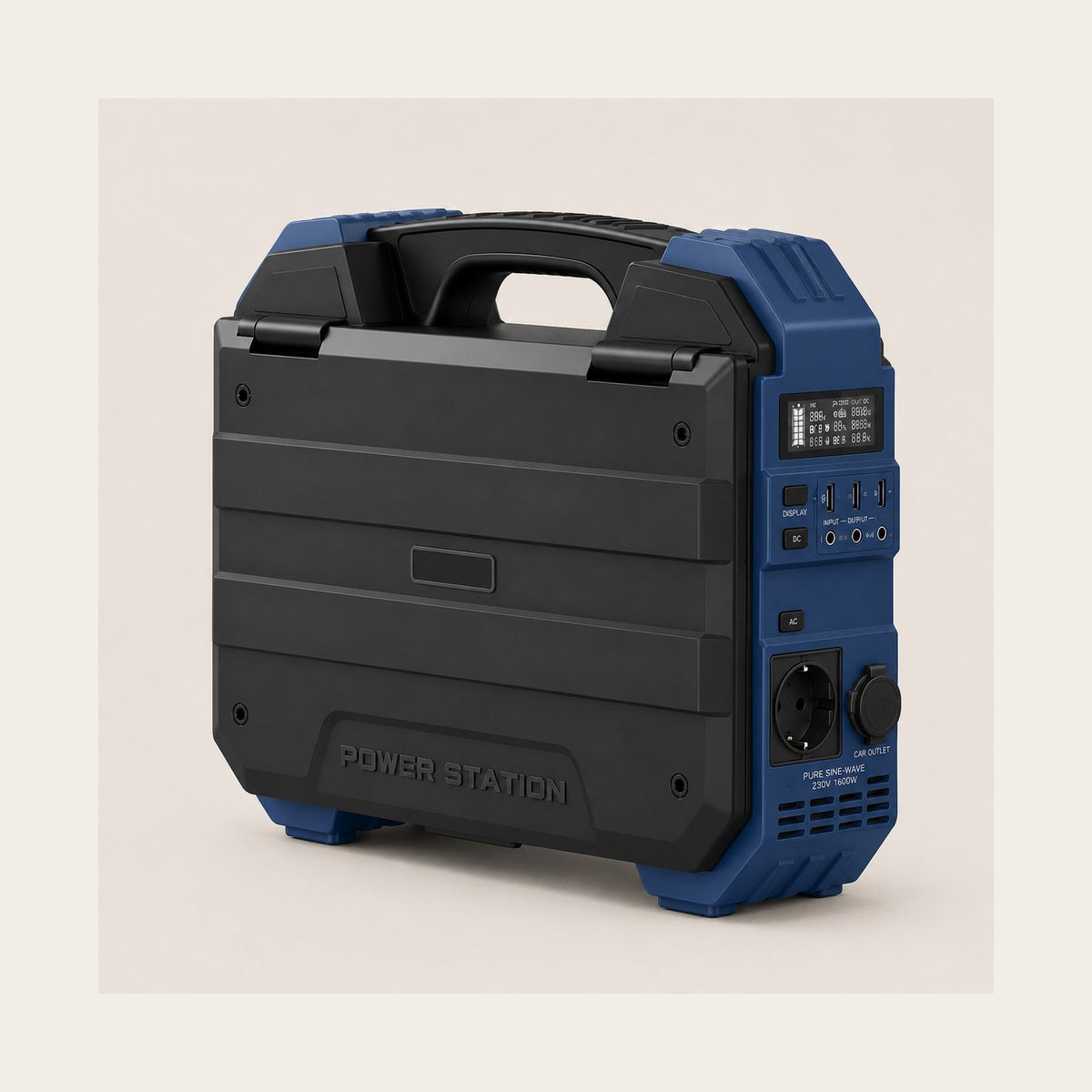 Attolle Volta 1600 bleu marine à capot noir, trois quarts, prise 230 V 1 600 W