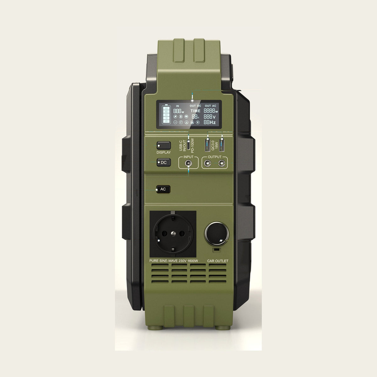 Panneau de connectique de la station Attolle Volta 1600 : prise 230 V, allume-cigare, USB-C, USB-A et écran LCD
