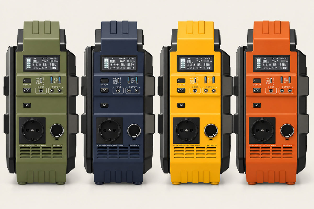 Les quatre coloris du Volta 1600 côte à côte : olive, bleu marine, jaune et orange