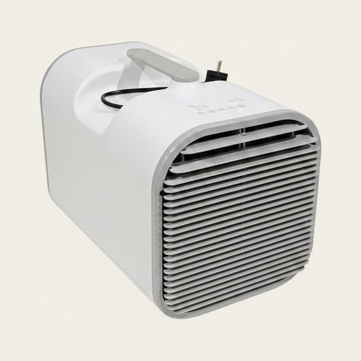 Climatiseur portable Attolle Zéphyr Blanc de profil, poignée et câble d’alimentation